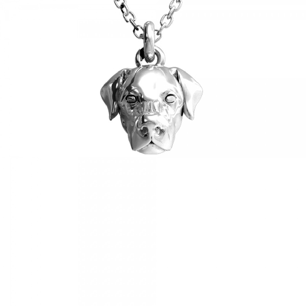 Silver pendant featuring the head of a Labrador Retriever suspended from a chain